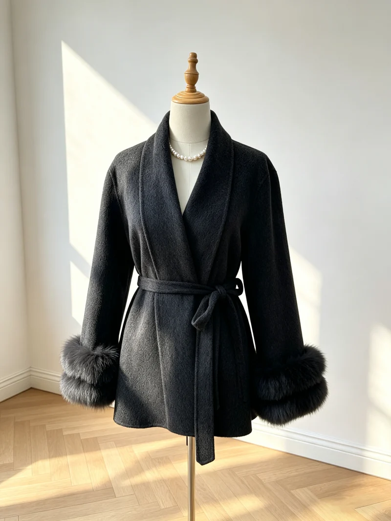 Cappotto in cashmere e lana di cammello con cintura e dettagli in pelliccia