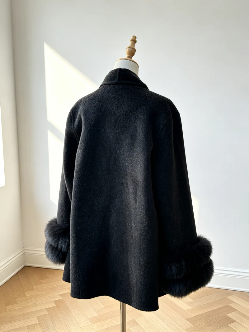 Cappotto in cashmere e lana di cammello con cintura e dettagli in pelliccia