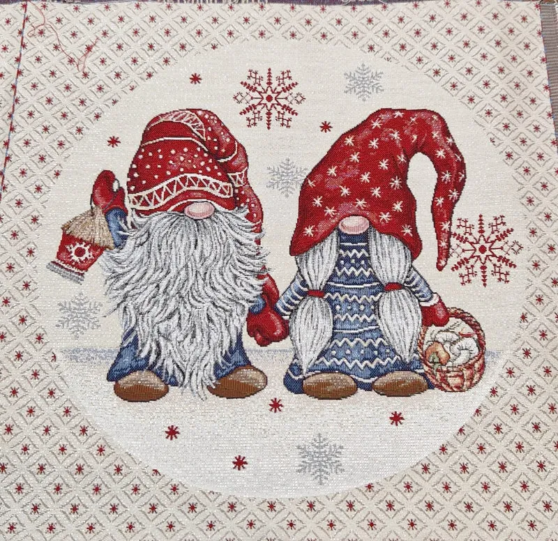 Pannello Fantasia di Natale con Gnomo e Gnometta in Gobelin per Realizzare Cuscini e Borse Hand Made, Misura 47x47cm