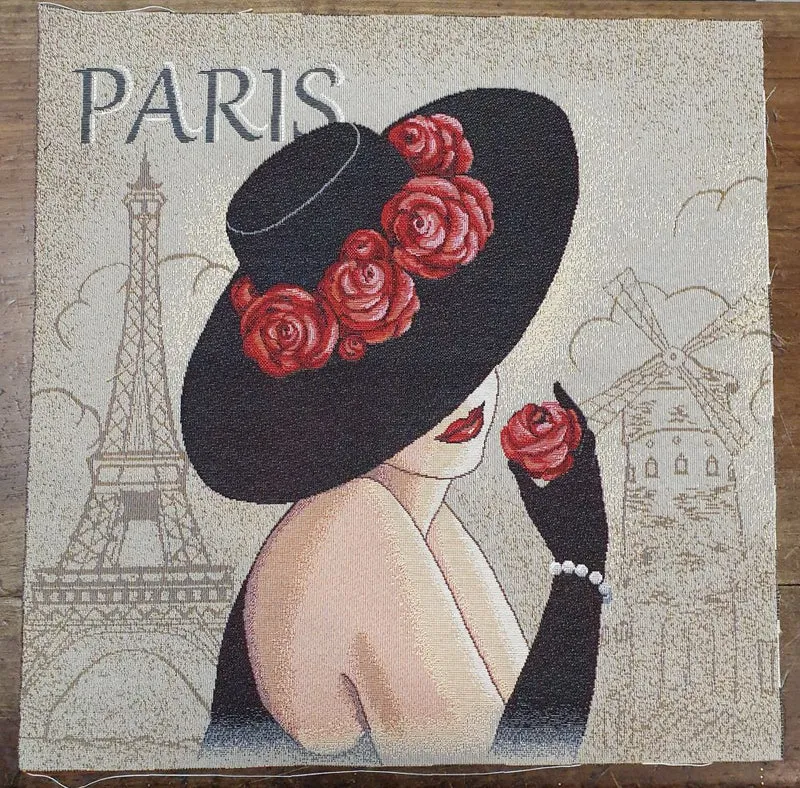 Pannello Fantasia con Donna con Cappello in Gobelin per Realizzare Cuscini e Borse Hand Made, Misura 47x47cm