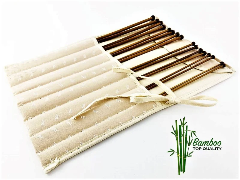 Set da 8 Coppie di Ferri per Maglia in Bamboo con Borsa, lunghezza 35cm, misure dal 3 al 6,5