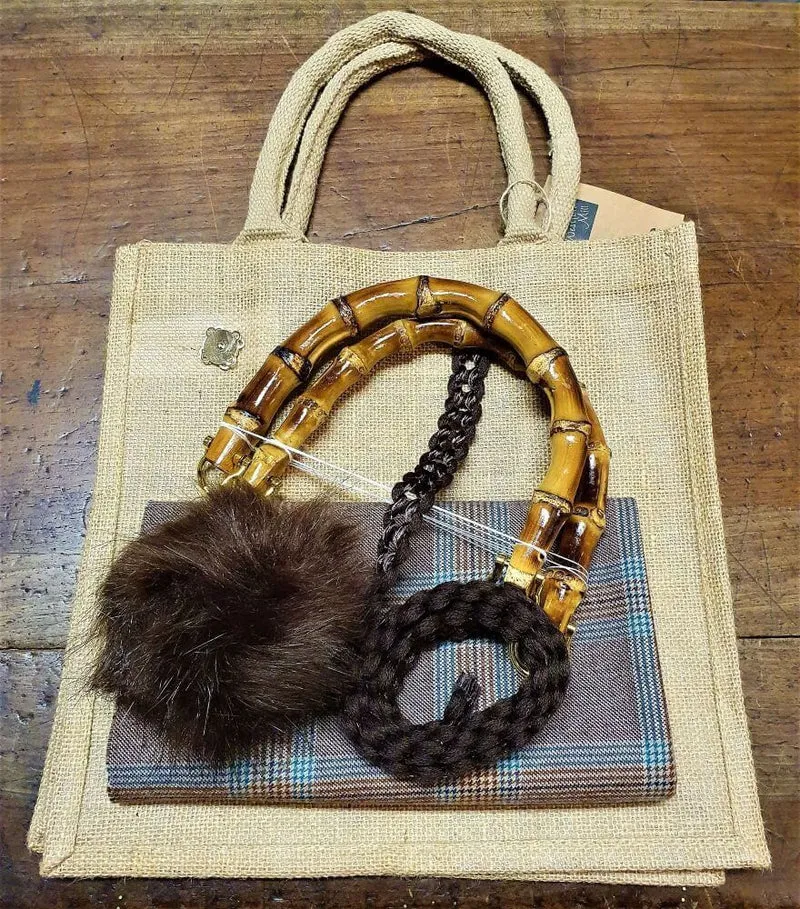 Kit Pon Pon per Borse Hand Made con Cartamodello, Manici Bamboo, Tessuto, Borsa Juta, Passamaneria