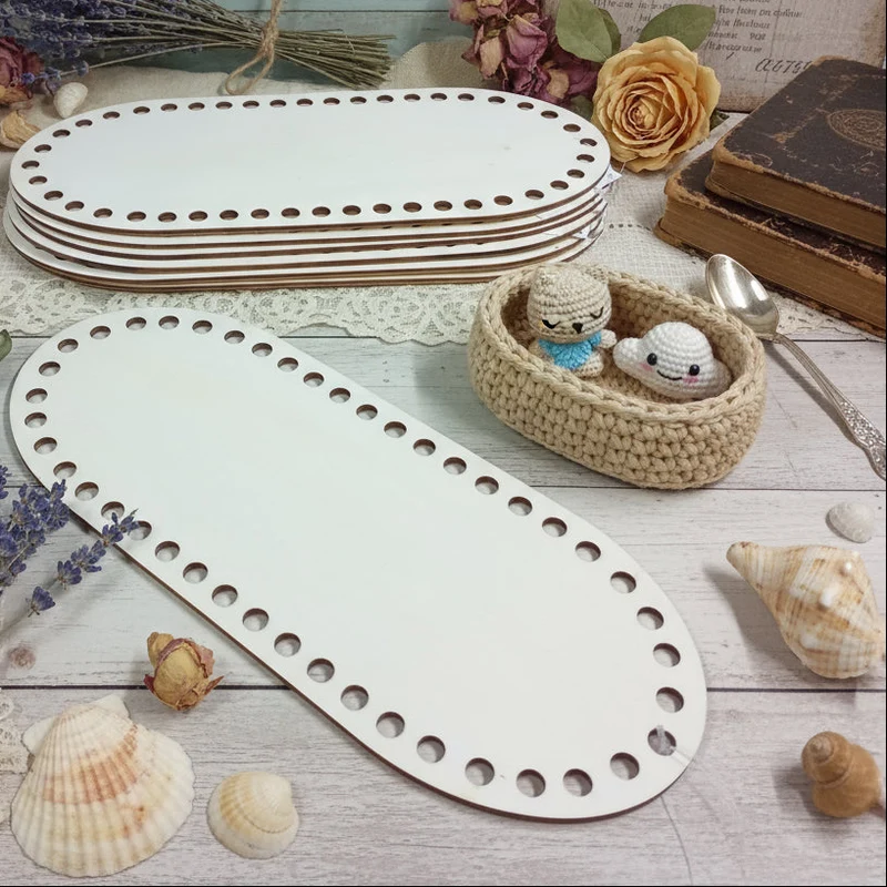 Base legno fondo forato cerchio per cestino borsa fettuccia uncinetto