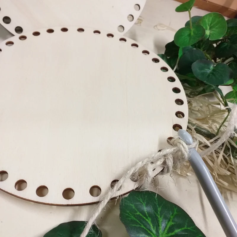 Base legno fondo forato cerchio per cestino borsa fettuccia uncinetto