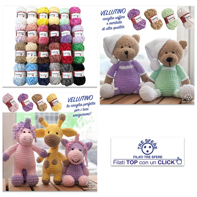 5 Gomitoli di Ciniglia Vellutino Tre Sfere Poliestere 250gr ideale per Amigurumi e Uncinetto