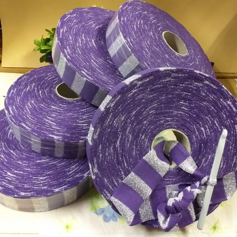 Argento e viola fettuccia lurex alta lycra maglina borse uncinetto