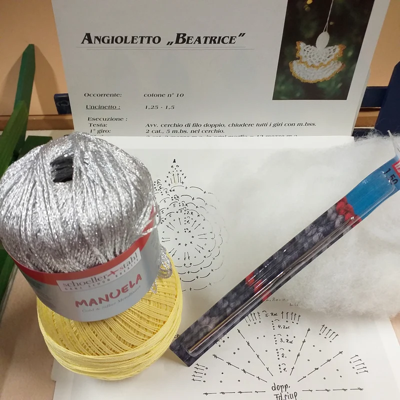 Kit angioletto uncinetto bomboniera schemi filo cotone colorato dorato