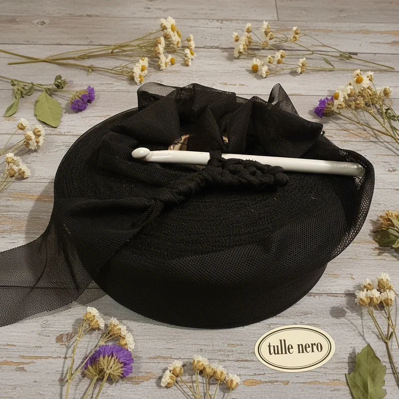 Fettuccia tulle elastico nero colori pastello pizza uncinetto borse
