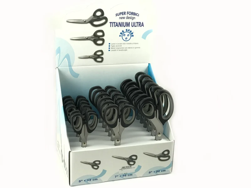 Forbice titanio espositore mis: 5/7/8 cf.18pz