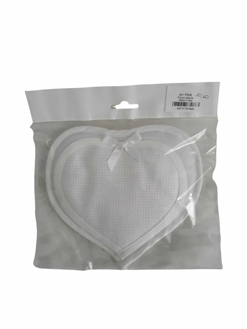 Coccarda Fiocco Nascita Ricamo Cuore Tela Aida Bianca Puro Cotone