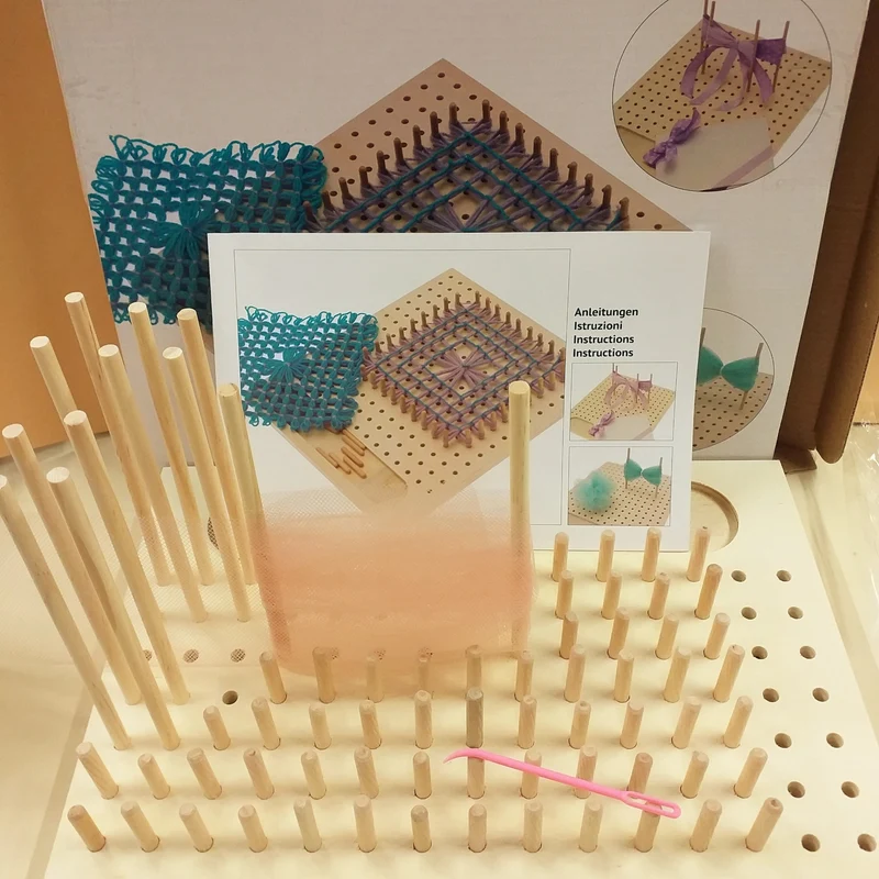 Telaio legno tessitura mattonelle granny pom pom fiocchi e istruzioni
