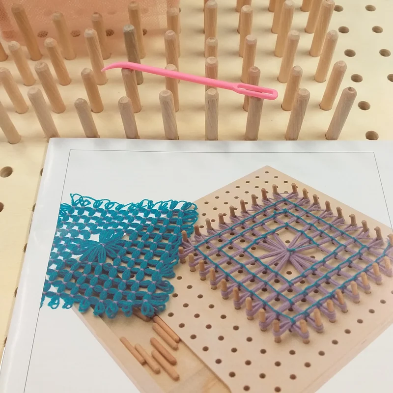 Telaio legno tessitura mattonelle granny pom pom fiocchi e istruzioni