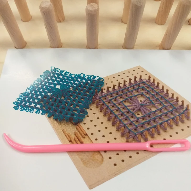 Telaio legno tessitura mattonelle granny pom pom fiocchi e istruzioni