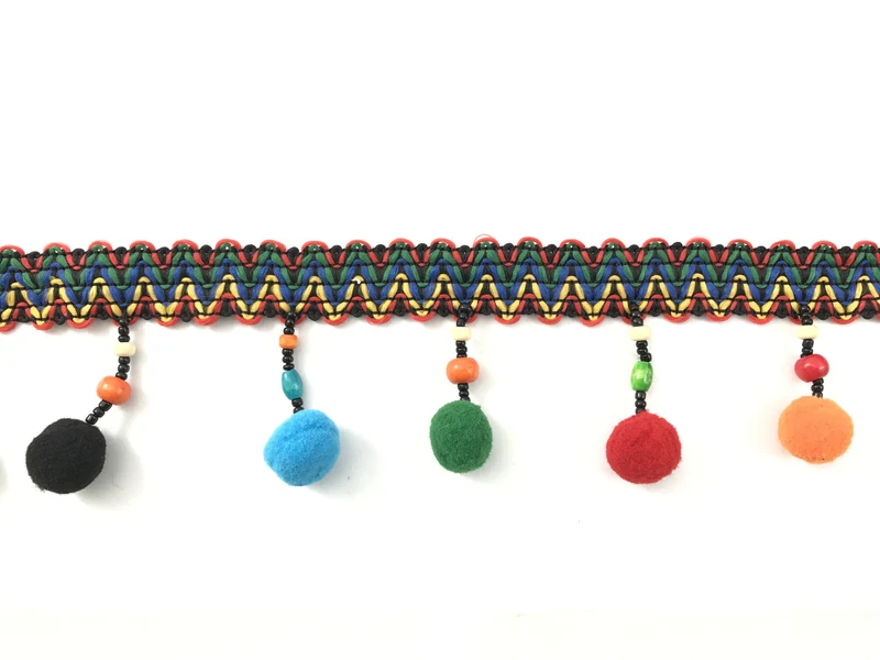 Passamaneria etnica con pon pon e perline - frangia multicolor 10 metri