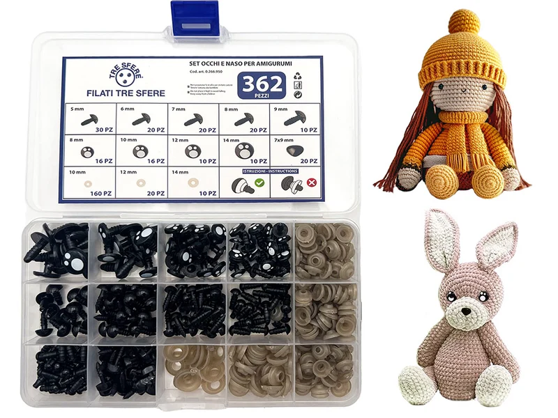Kit occhi e nasi per amigurumi e pupazzi | 362 pezzi | tre sfere