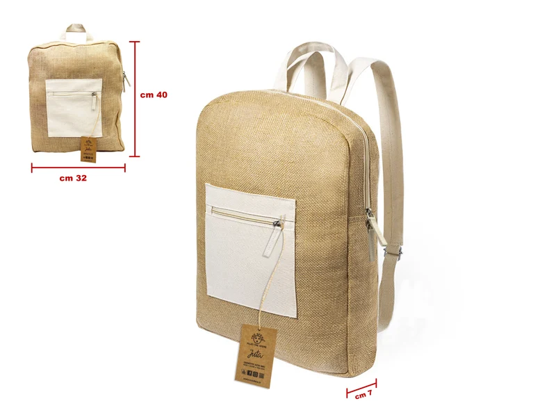Zainetto in juta con tasca | 32x40x7 cm | personalizzabile