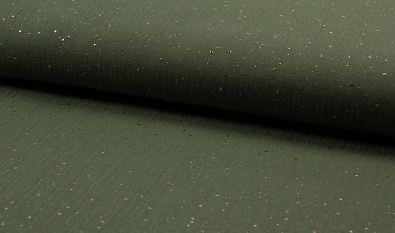 Musselin Double Gauze army grün mit Punkte gold
