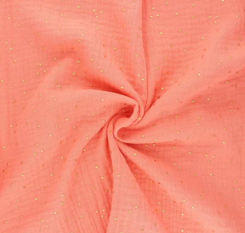 Musselin Double Gauze Koralle hell mit Punkte gold